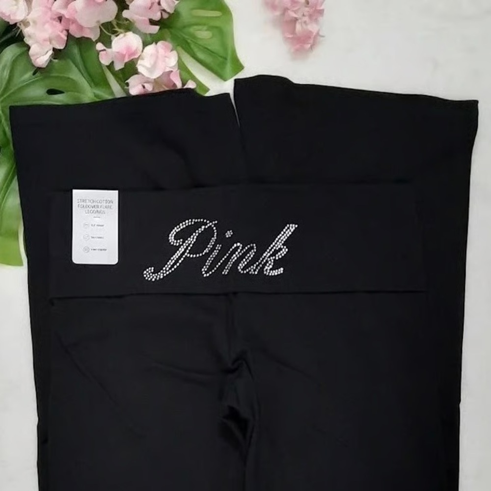 PINK VS Rhinestone Victoria's Secret Black Foldover Flare Leggings